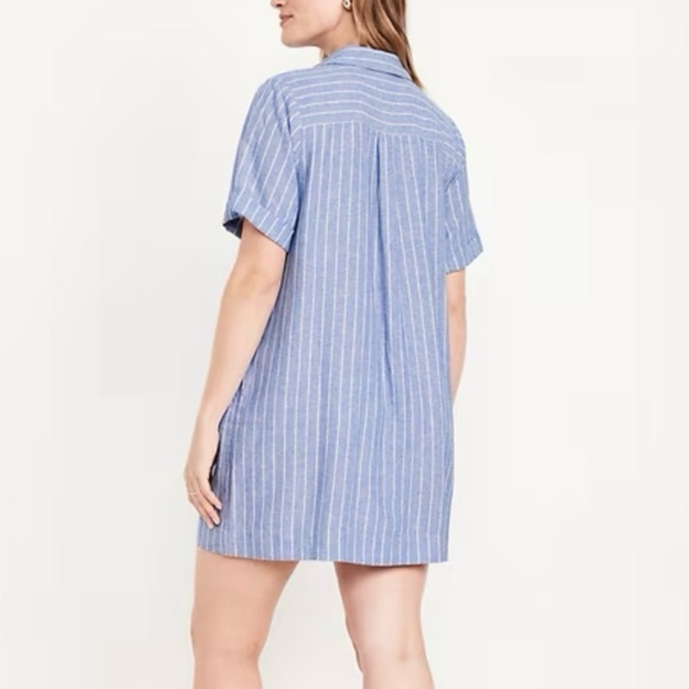 Old Navy Blue Striped linen blend dress clean girl nautical minimal button front - Picture 2 of 9